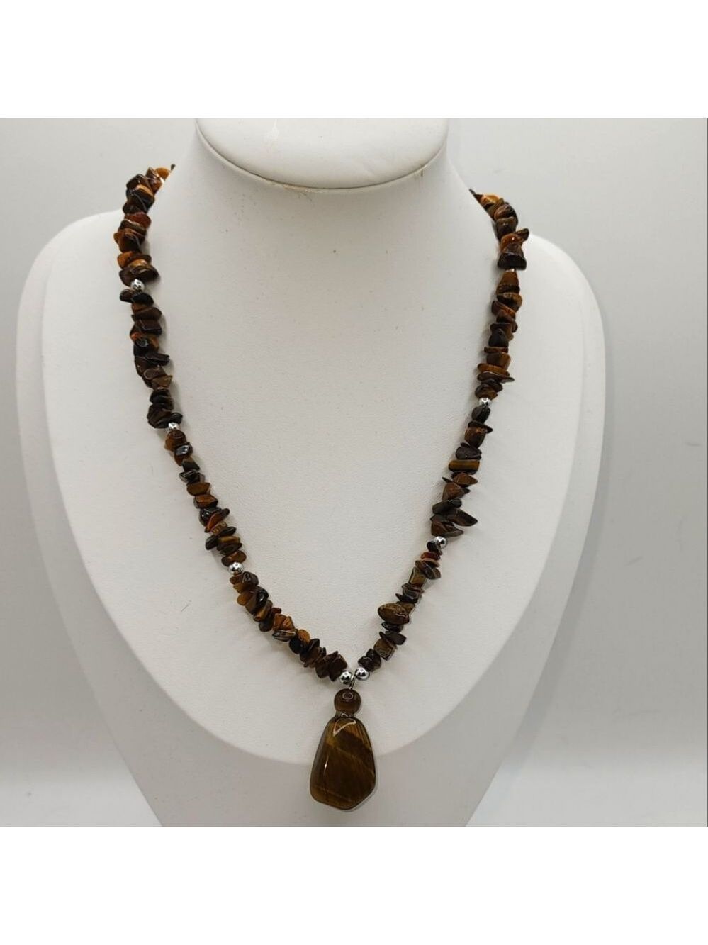 Natural Tiger Eye Stone Necklace Pendant Beaded 16 in Silver Tone Screw Clasp